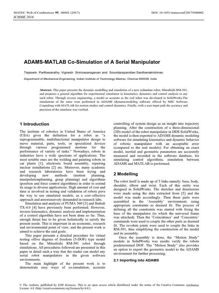 ADAMS-MATLAB Co-Simulation of A Serial Manipulator | PDF | Kinematics ...