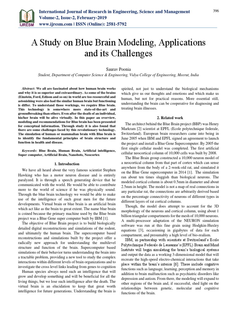 A Study On Blue Brain Modeling, Applications and Its Challenges | PDF ...