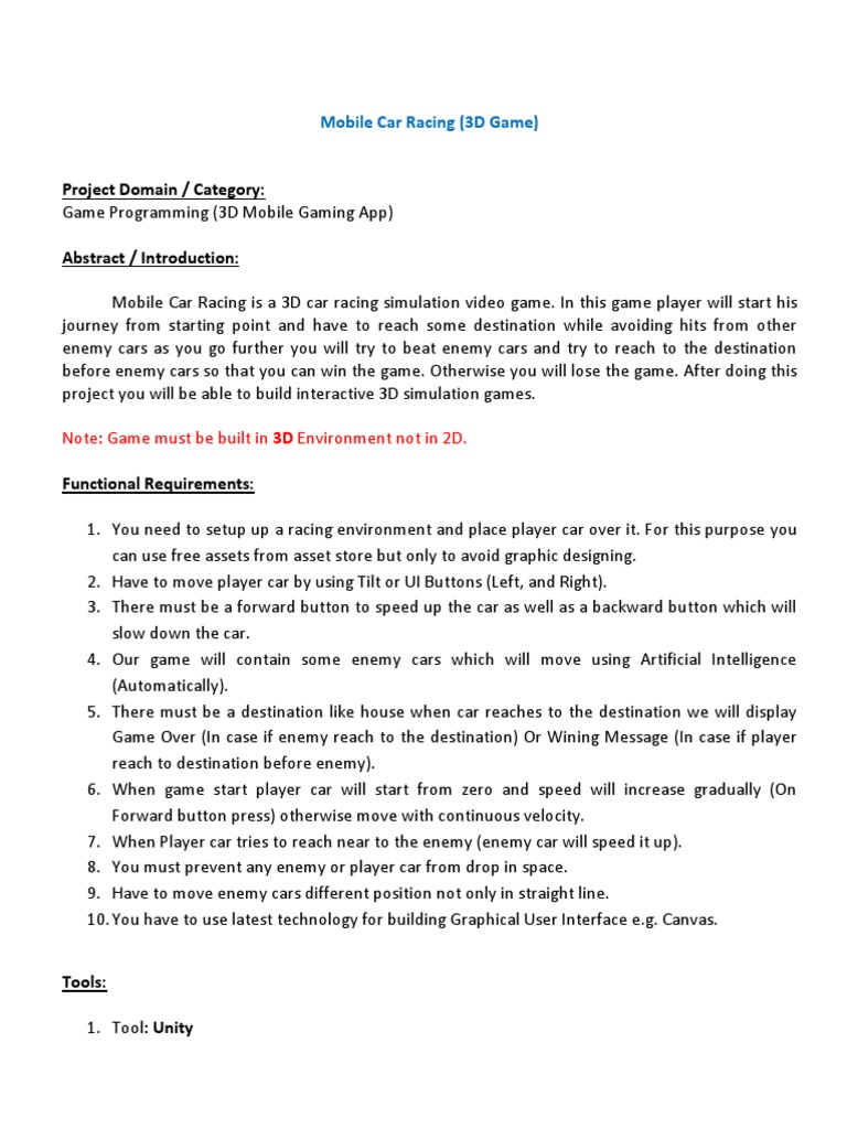 3D Mobile Car Racing Game Development | PDF | Games & Activities