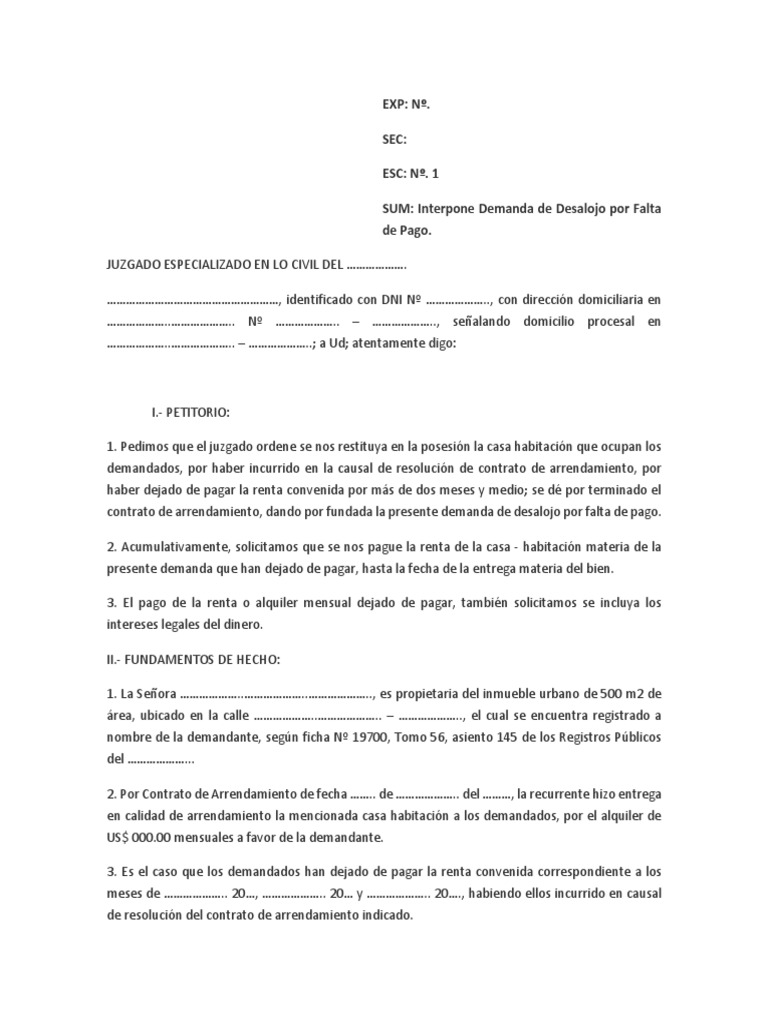 Demanda de Desalojo Por Falta de Pago | PDF | Propiedad | Alquiler