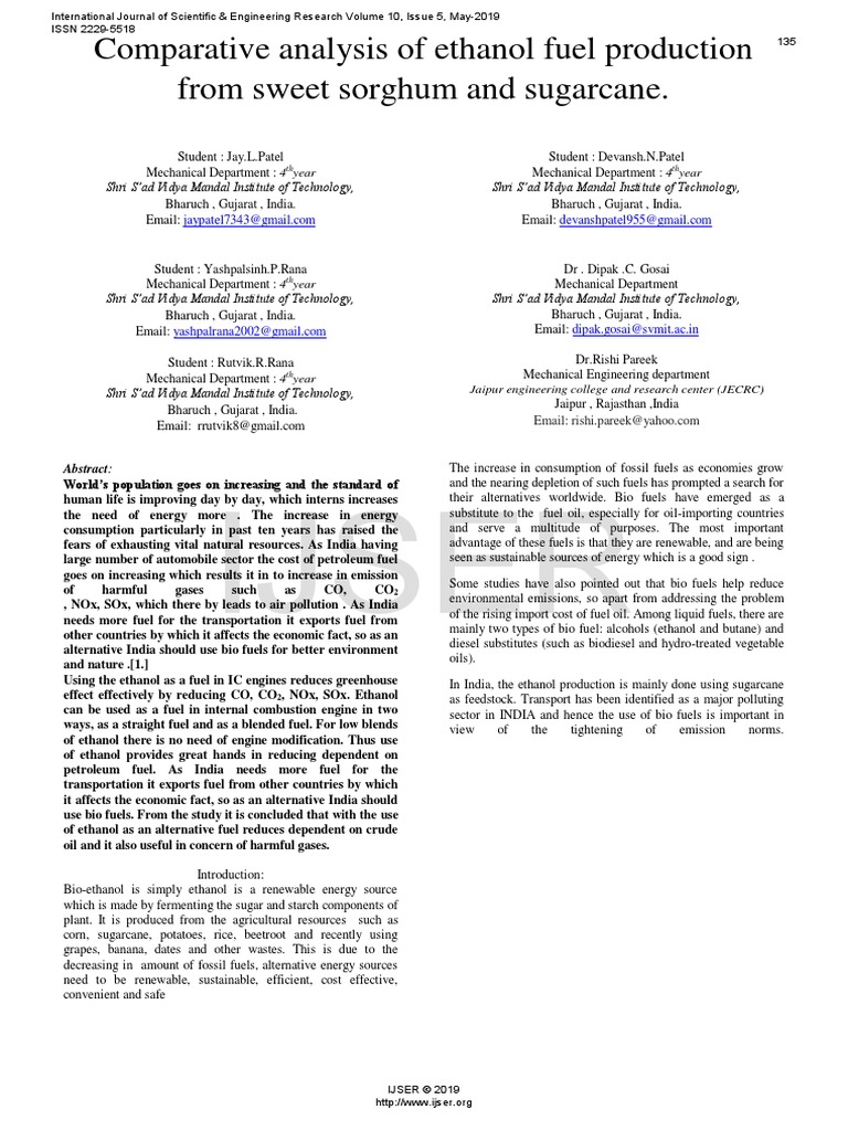 Comparative Analysis of Ethanol Fuel Production From Sweet Sorghum and ...