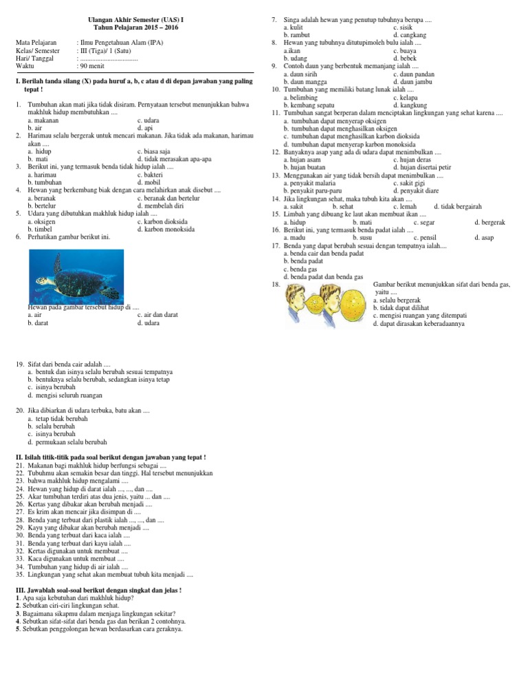 Soal Uas 1 Ipa Kls 3 Docx
