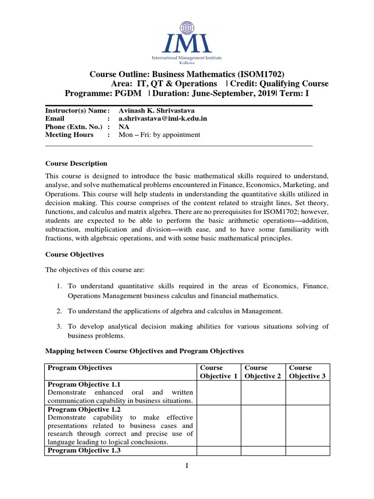 Course Outline - Business Mathematics | PDF | Derivative | Function ...