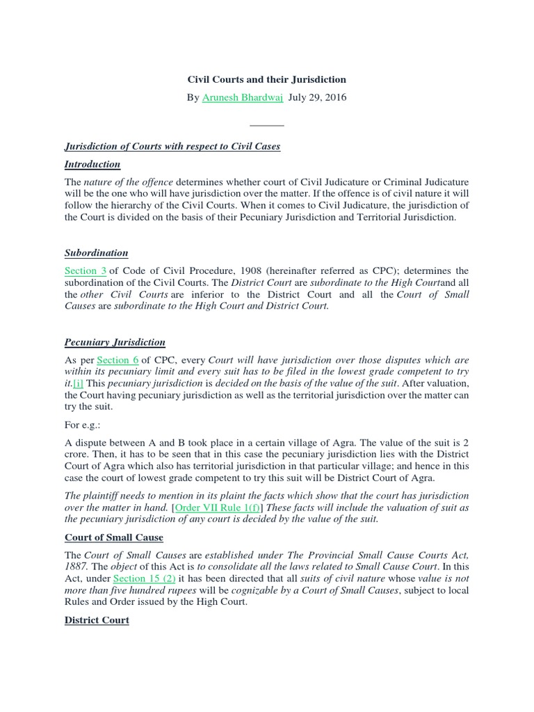 Civil Courts And Their Jurisdiction Pdf Lawsuit Jurisdiction