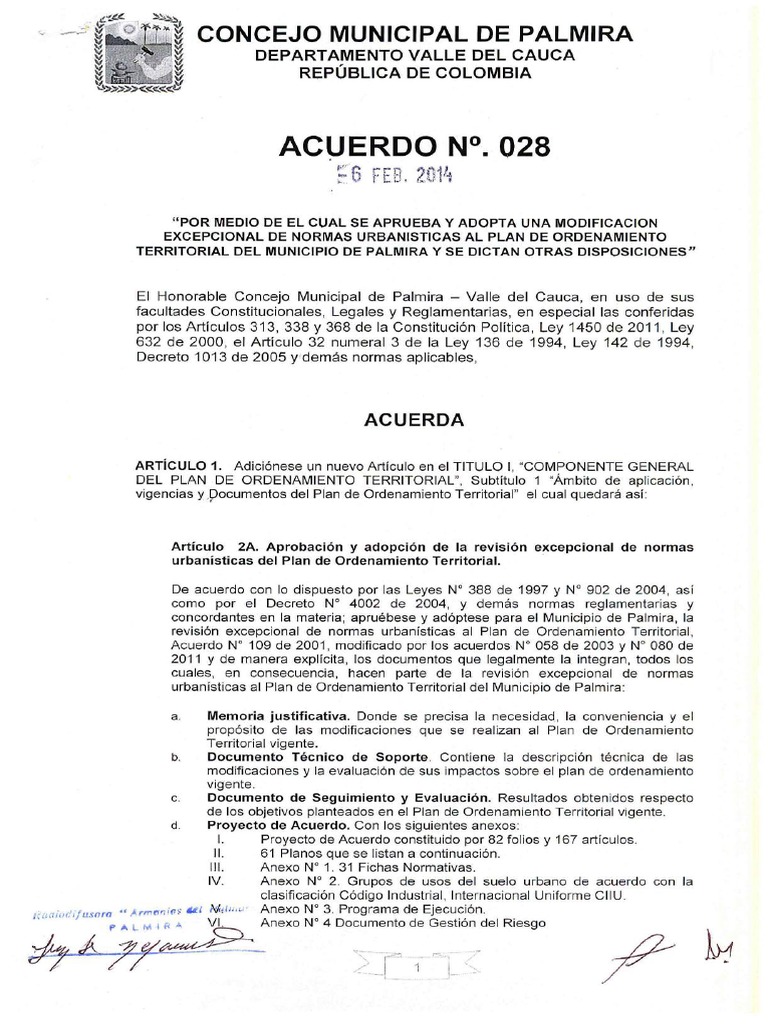 Acuerdo 028 2014 02 06 Modifica Normas Urbanisticas POT | PDF