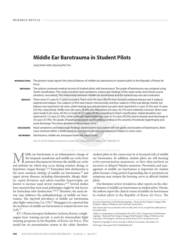 Middle Ear Barotrauma in Student Pilots PDF Ear Human Nose