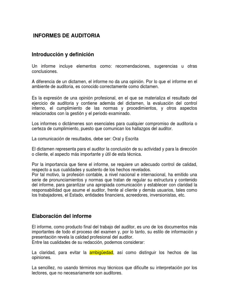 Importancia y Estructura del Informe de Auditoría | PDF | Contralor ...
