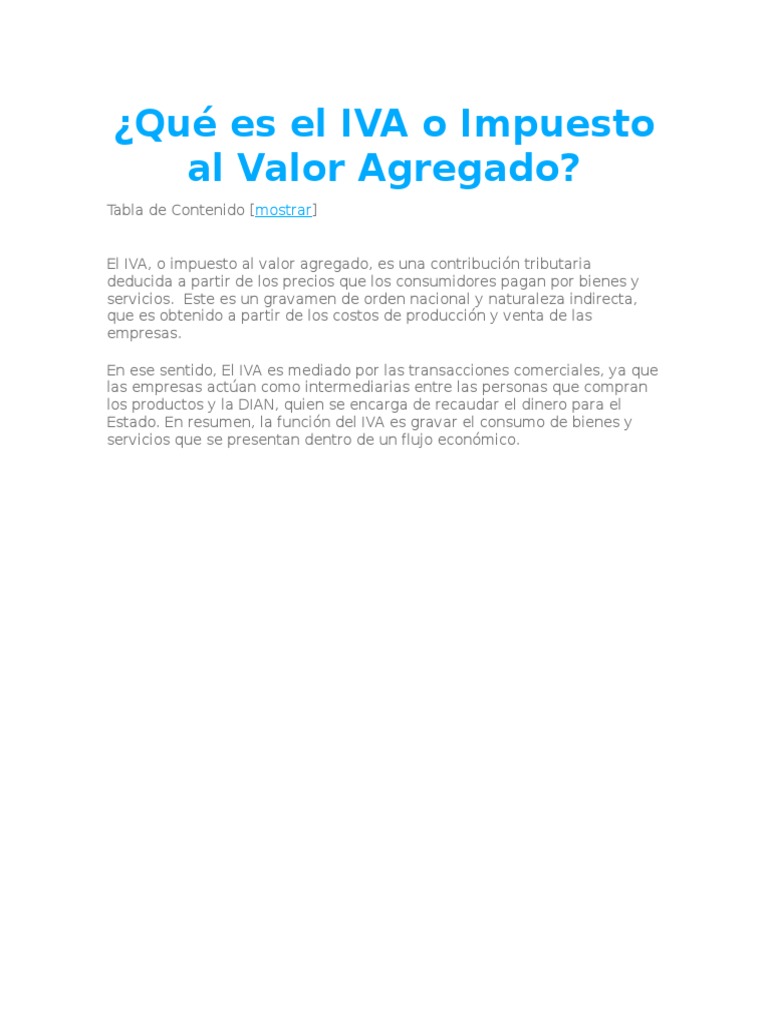 Definición y Función del IVA en Colombia | PDF | Impuesto al valor ...