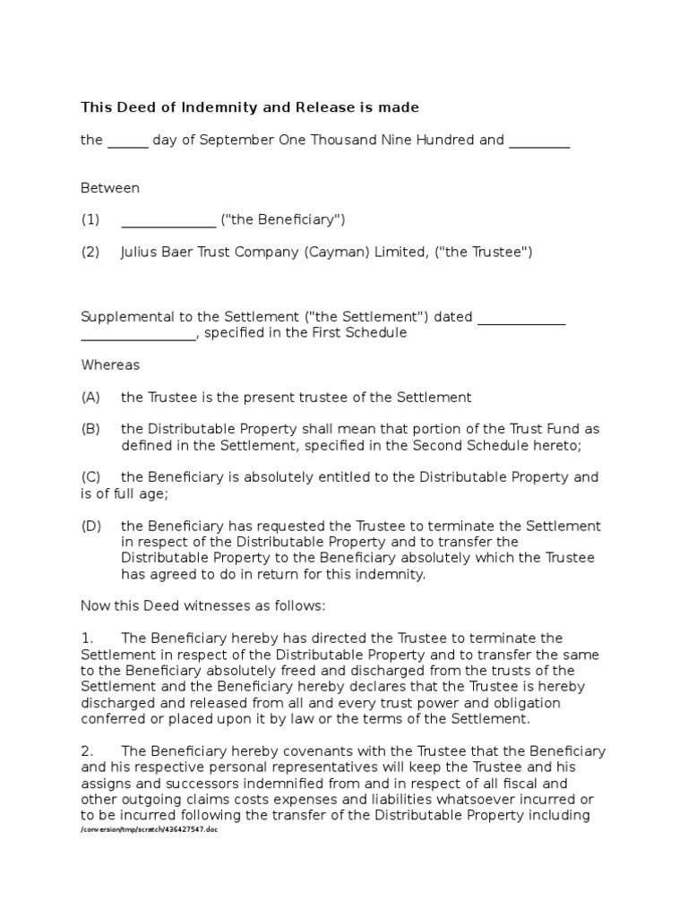Deed of Indemnity and Release.doc Beneficiary (Trust) Trustee
