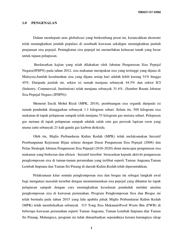 Kerja Kursus Pengajian Am Stpm 2018 Pengkomposan Sisa Makanan Dan Biogas Pdf