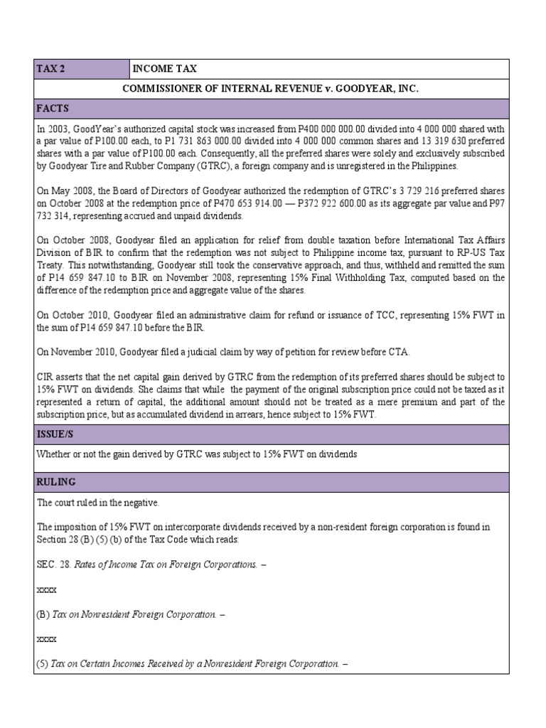 Tax 2 Tax Commissioner of Internal Revenue V. Goodyear, Inc