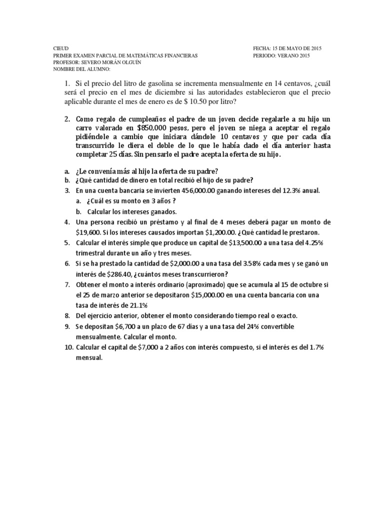 Primer Examen Parcial Matemáticas Financieras | PDF