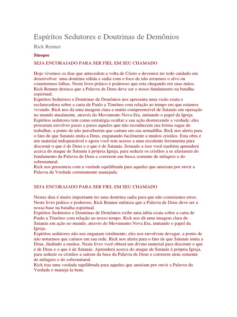 Espíritos Sedutores e Doutrinas de Demônios ( Sinopse Do Livro ) 2 ...