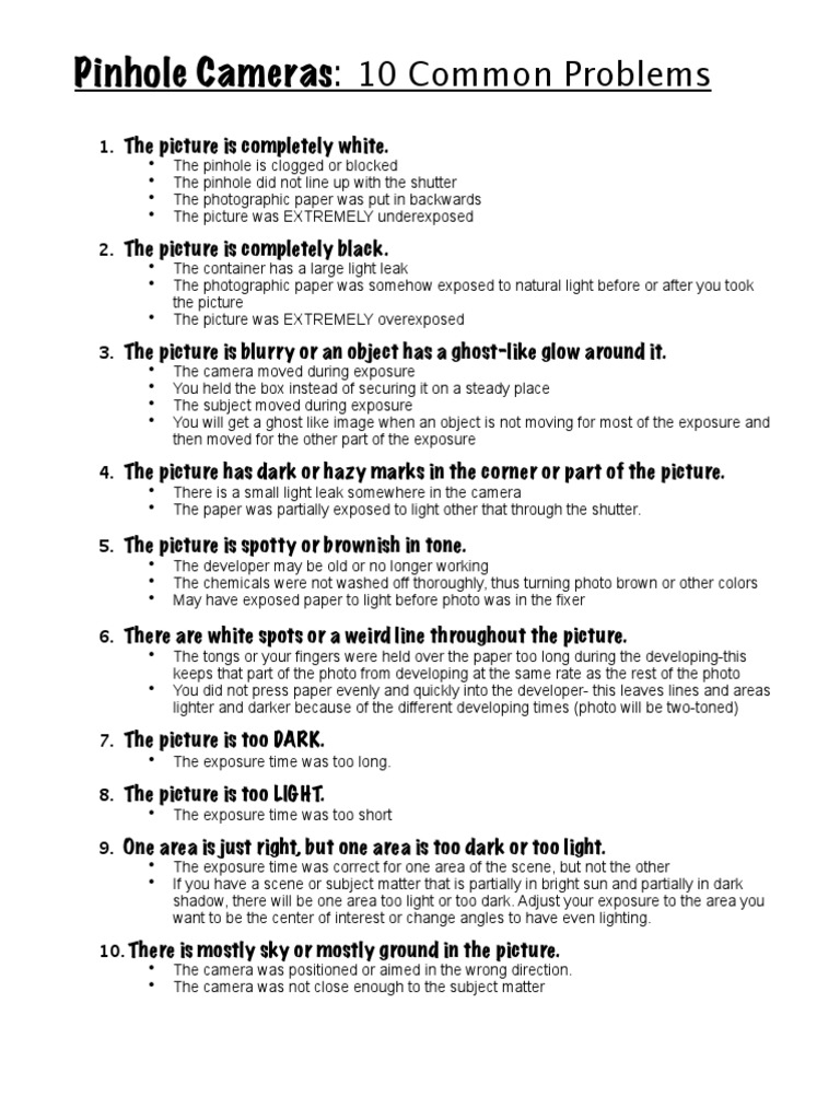 Pinhole Camera 10 Common Problems PDF Exposure (Photography) Shutter Speed photo