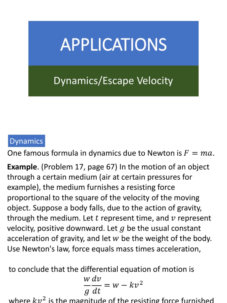 DYNAMICS/ESCAPE VELOCITY DIFFERENTIAL EQUATIONS | PDF | Acceleration ...