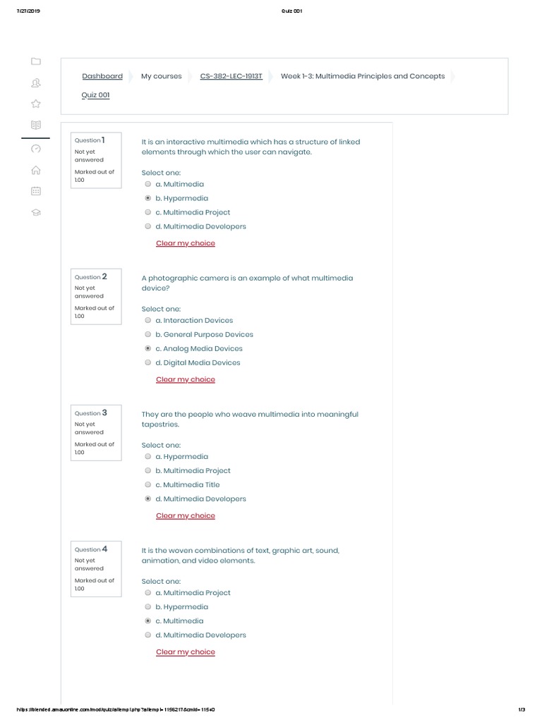 MultiMedia Quiz 1 PDF Multimedia Electronic Publishing