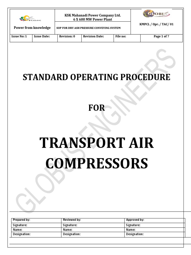 Standard Operating Procedure for Transport Air Compressors PDF
