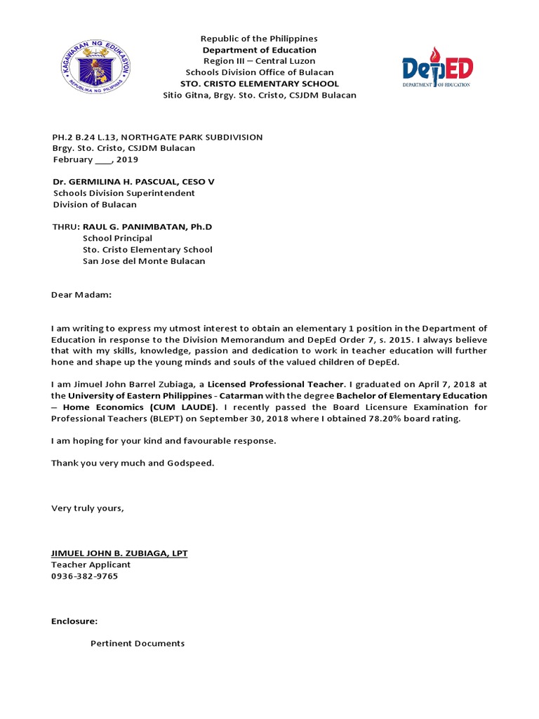 Letter of Intent for Teacher 1 Position | PDF