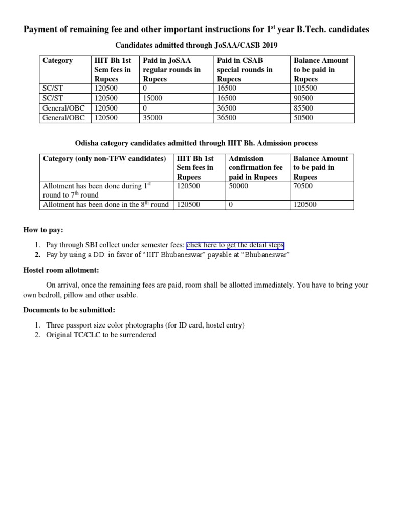 IIIT Bhubaneswar B.Tech Fee Details | PDF