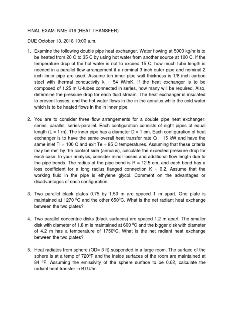Heat Transfer Final Exam Overview | PDF | Heat Transfer | Heat Exchanger