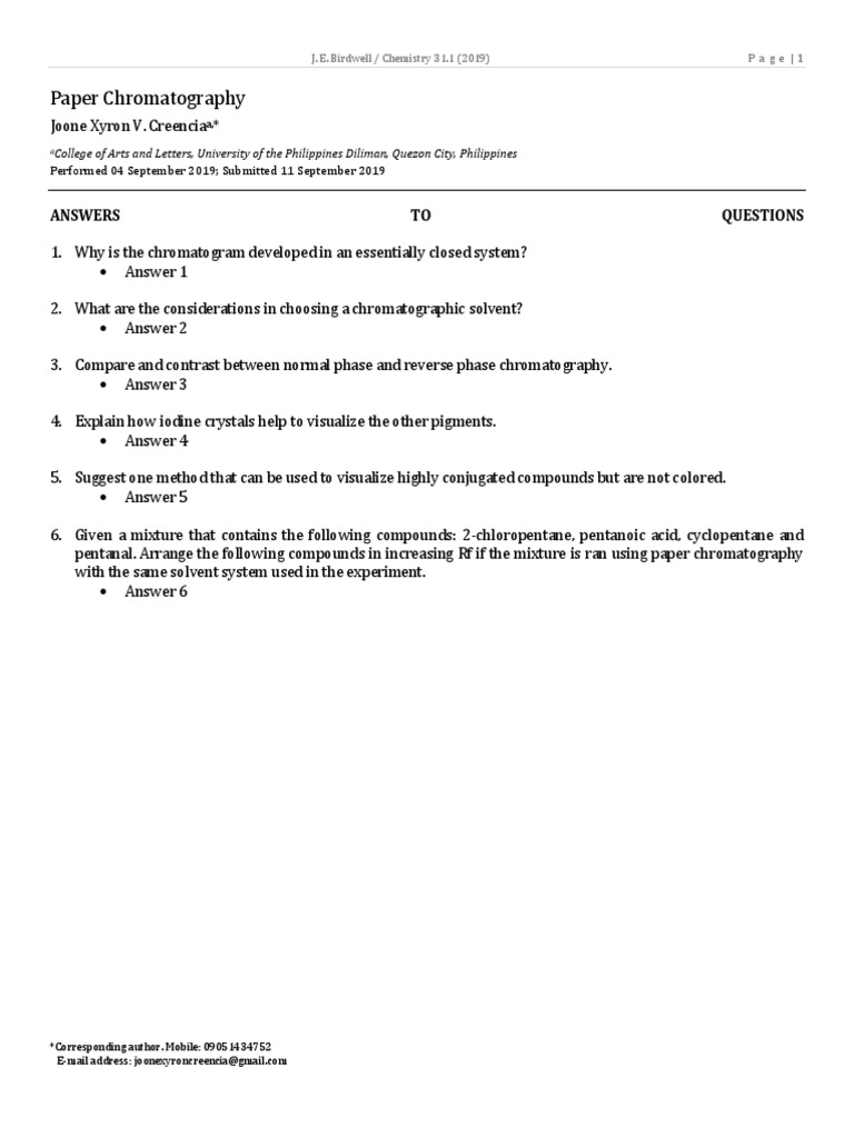 Paper Chromatography Answers TO Questions PDF