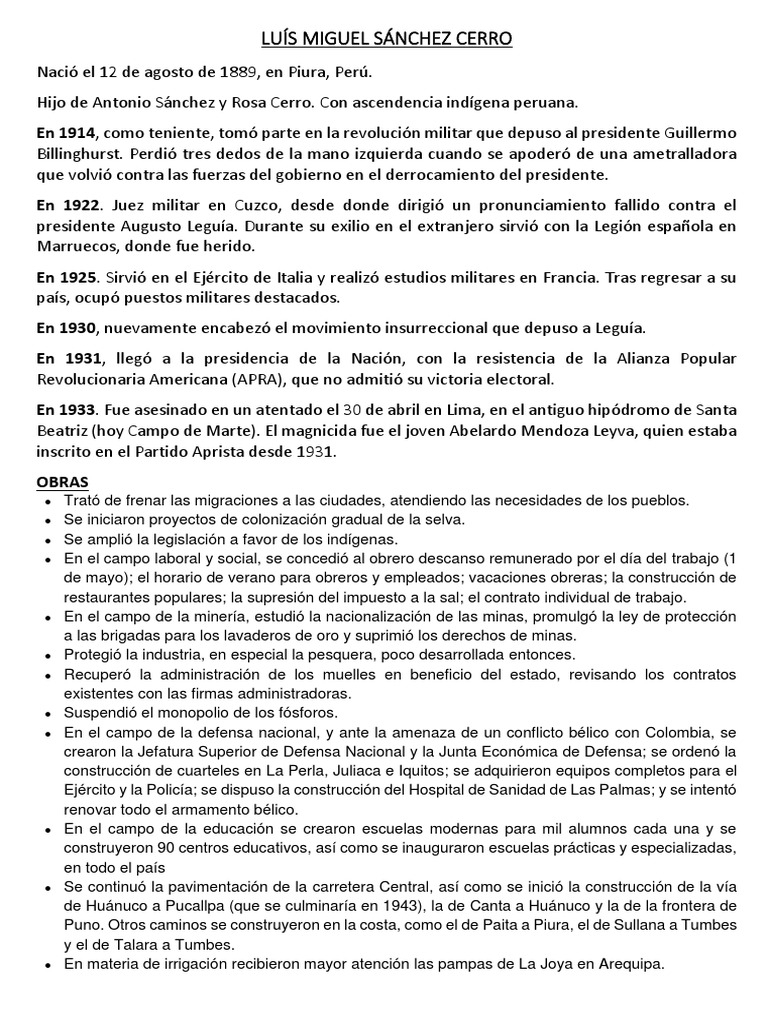 Luís Miguel Sánchez Cerro Peru PDF Gobierno Agitación