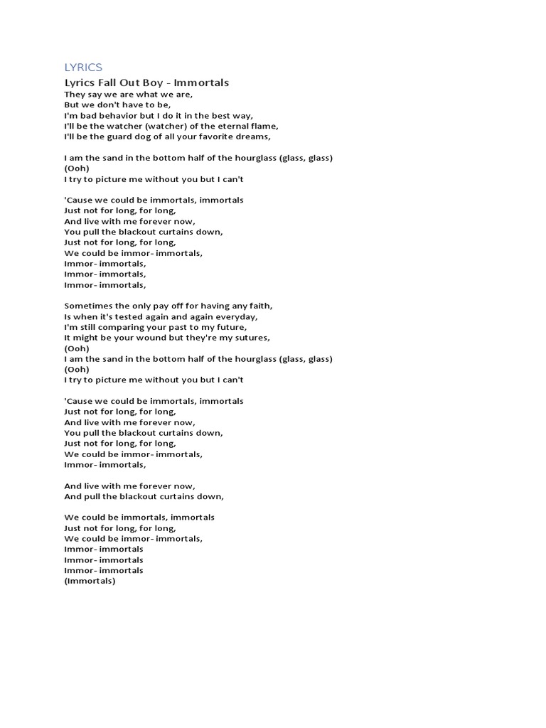 Fall Out Boy - Immortals Lyrics | PDF | Language Arts \u0026 Discipline, image size:768x1024
