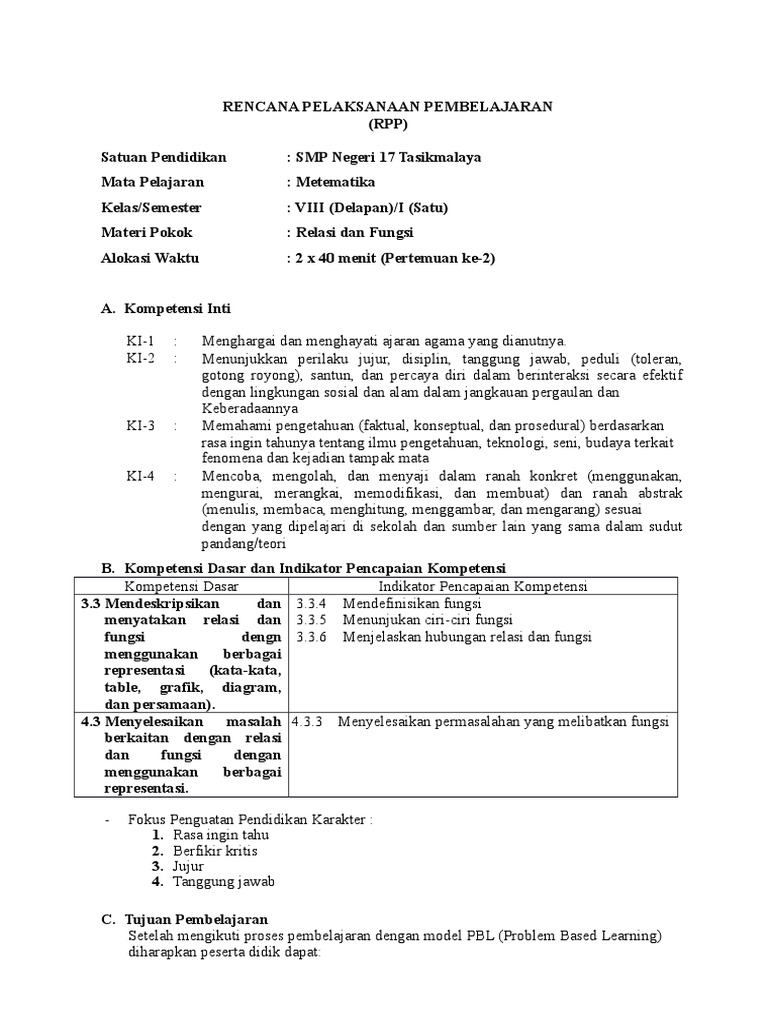 Rpp Relasi Dan Fungsi Pertemuan 2 Fix Docx