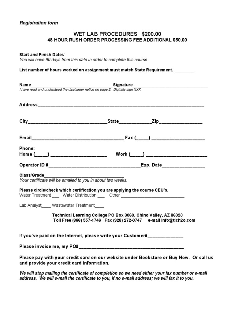 Wet Lab Procedures 200.00 Registration Form PDF Cell (Biology