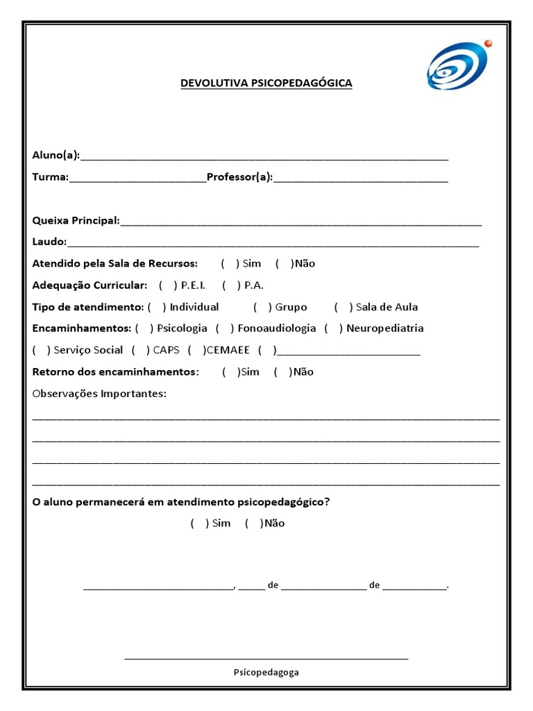 Devolutiva Psicopedagógica Pdf Ciências Comportamentais Aprendizado