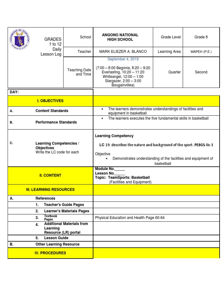 Basketball Lesson Plan for Grade 8 | PDF | Physical Education | Teachers