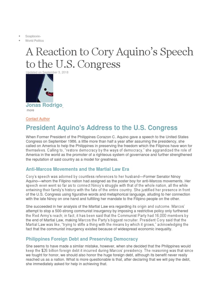 reaction paper essay about cory aquino speech