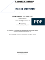 Certificate of Employment: Honey Grace A. Aquino