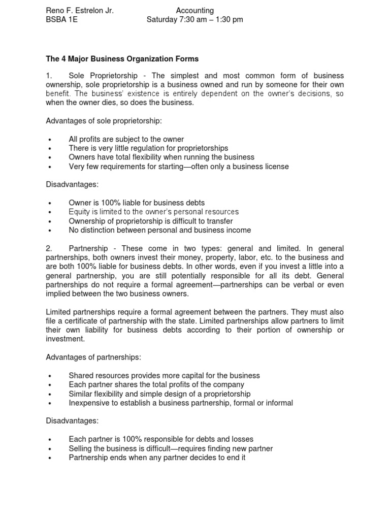 The 4 Major Business Organization Forms PDF Limited Liability