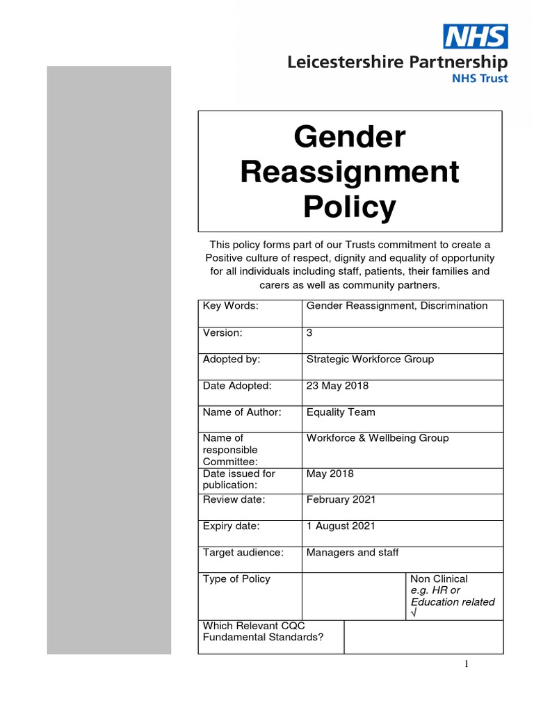 Gender Reassignment Policy E.G. HR or Education Related PDF