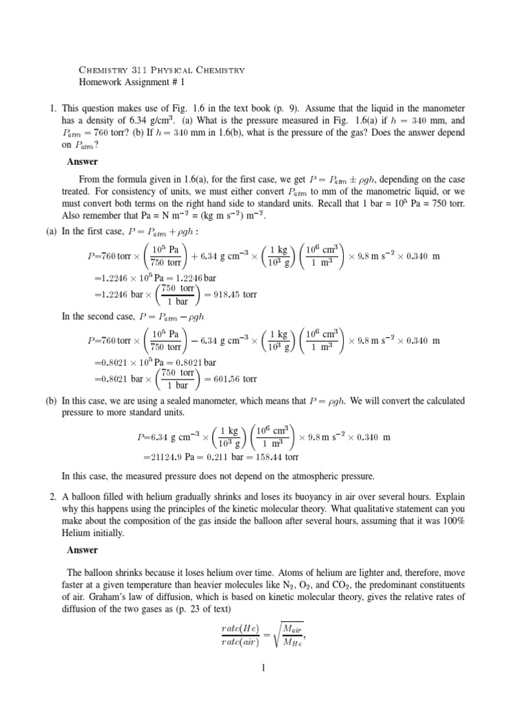 Physical Chemistry Homework | PDF | Gases | Continuum Mechanics