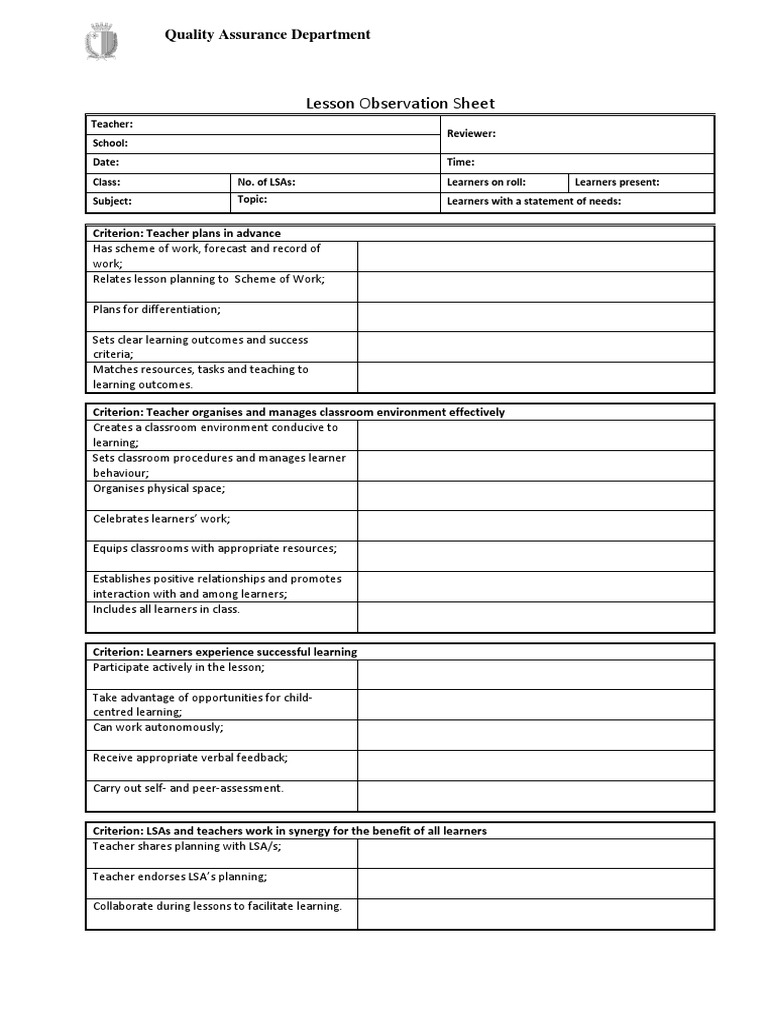 Lesson Observation Sheet Template | PDF | Educational Assessment | Learning
