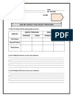 Quiz #2: Subject and Object Pronouns: A. Fill in The Table With The Appropriate Pronouns