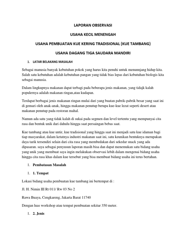 Laporan Observasi Usaha Kecil Menengah Usaha Pembuatan Kue Kering Tradisional Kue Tambang Usaha Dagang Tiga Saudara Mandiri