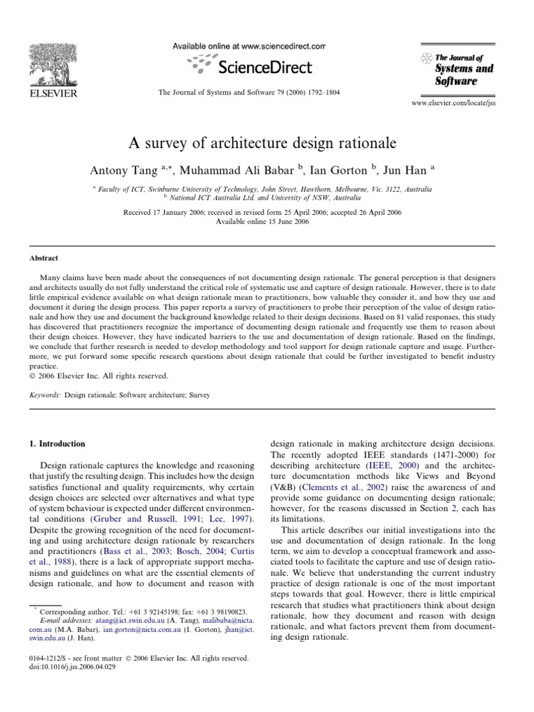 A Survey of Architecture Design Rationale - Antony Tang, 2006 PDF | PDF ...