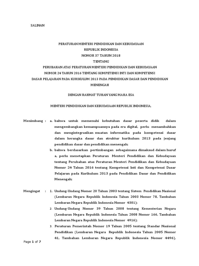 Permendikbud No 37 Tahun 2018 Ki Kd Kimia