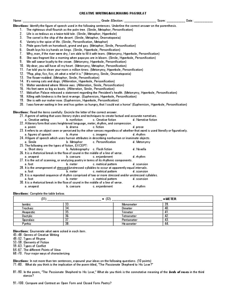 Creative Writing Quiz PDF Metre (Poetry) Poetry