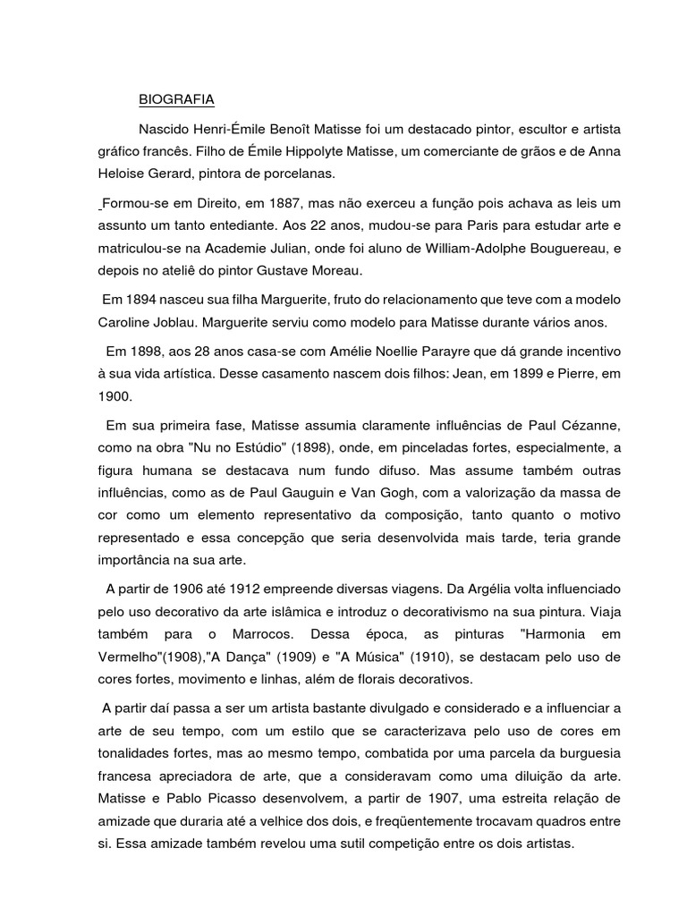 BIOGRAFIA de Henri Matisse | PDF | Mídia artística | Escultura