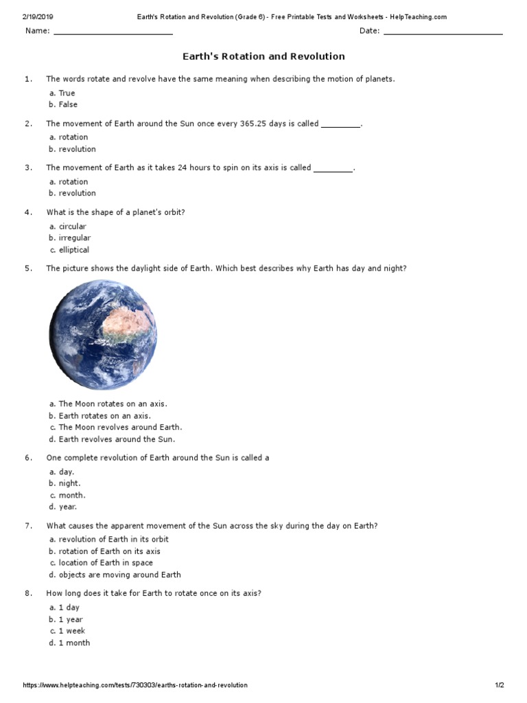 Earth S Rotation And Revolution Grade 6 Free Printable Tests And Worksheets Helpteaching Com Rotation Earth