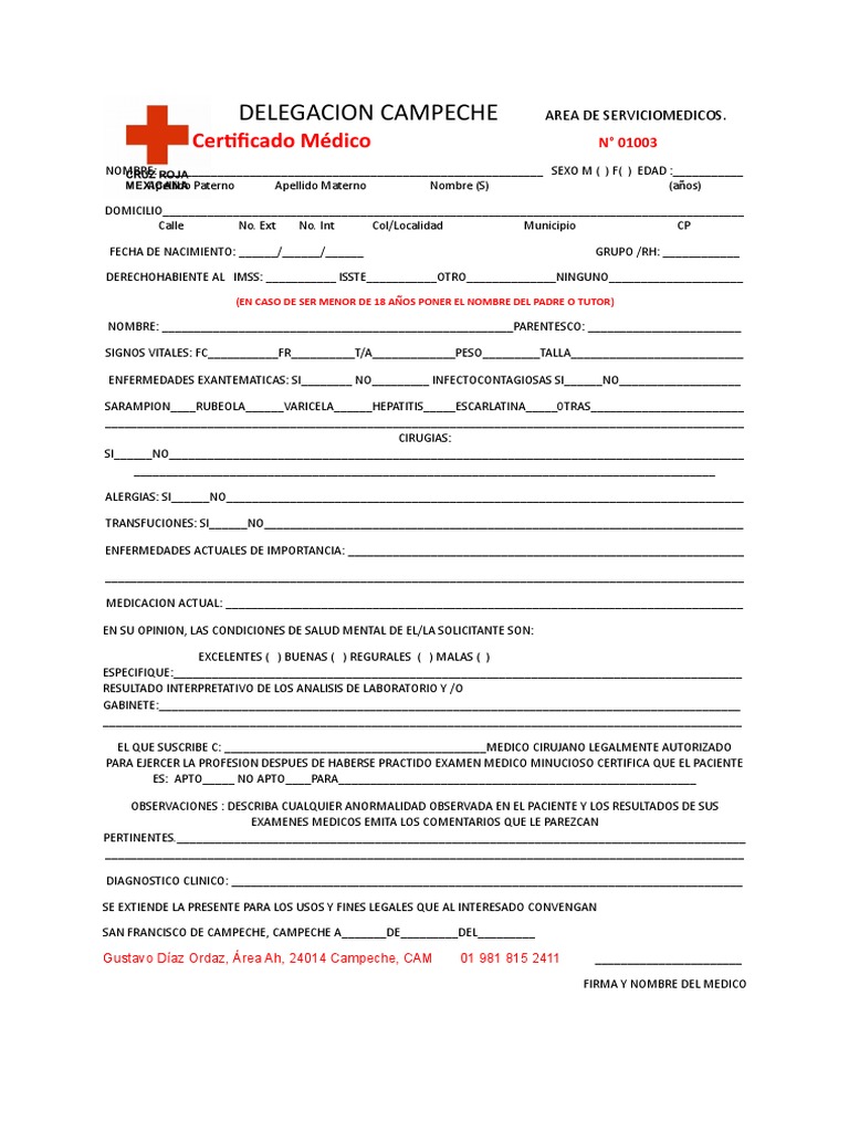 Examen medico Cruz Roja plantilla Enfermedades y