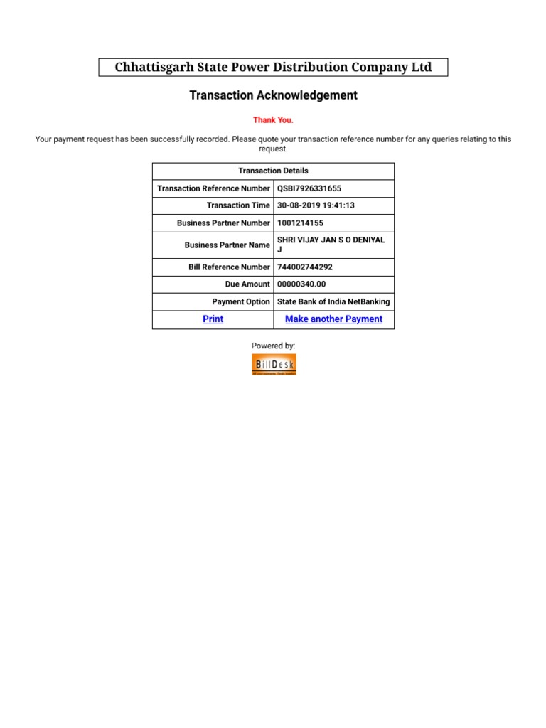 Chhattisgarh State Power Distribution Company LTD Transaction Acknowledgement PDF