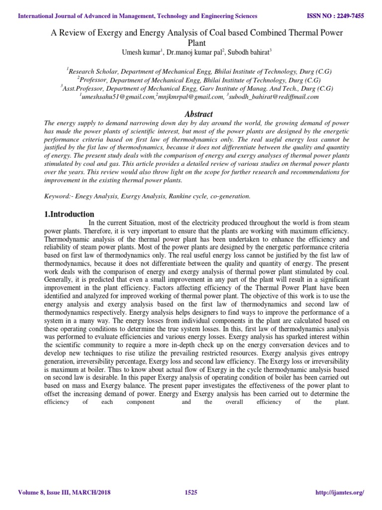 Exergy and Energy Analysis of Coal Power Plants | PDF | Exergy | Boiler
