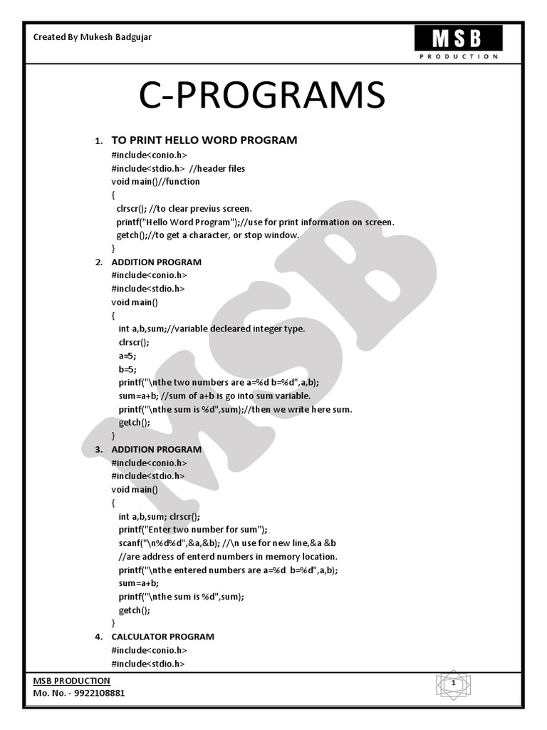 C Programs PDF | PDF | Computer Programming | Areas Of Computer Science