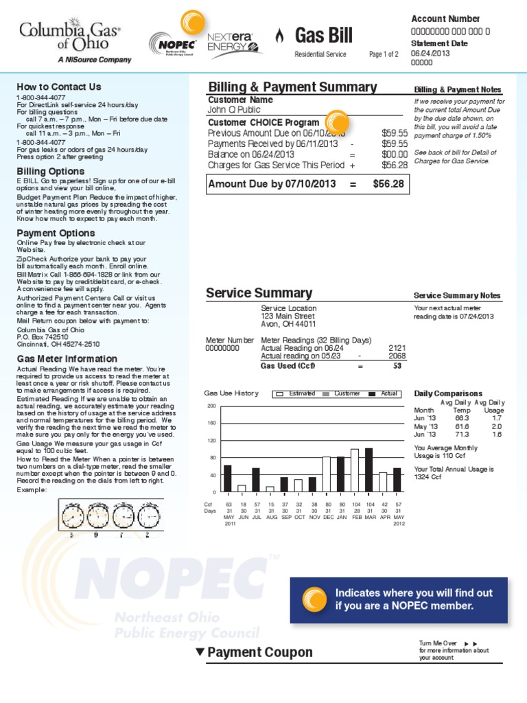 Columbia Gas Sample Bill Payments Natural Gas