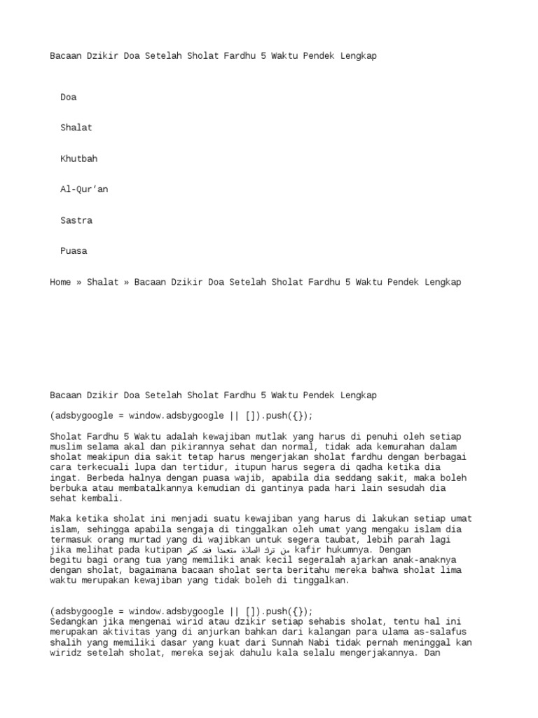 Bacaan Dzikir Doa Setelah Sholat Fardhu 5 Waktu Pendek Lengkap